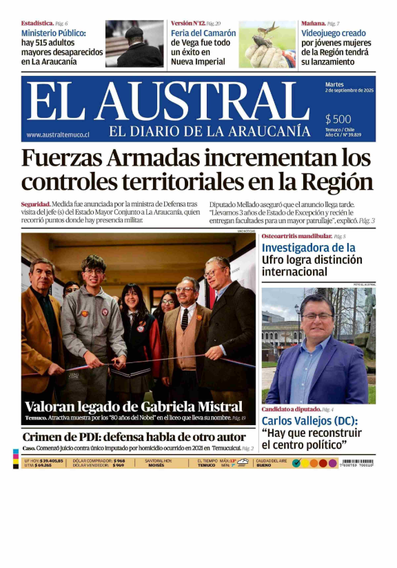 Portada El Austral - homenaje Gabriela Mistral en Liceo